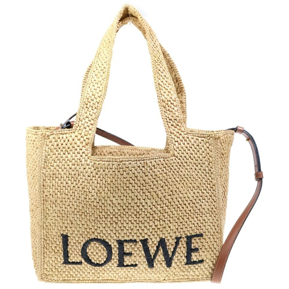 LOEWE Font Raffia Tote Bag Shoulder Handbag Basket Beige